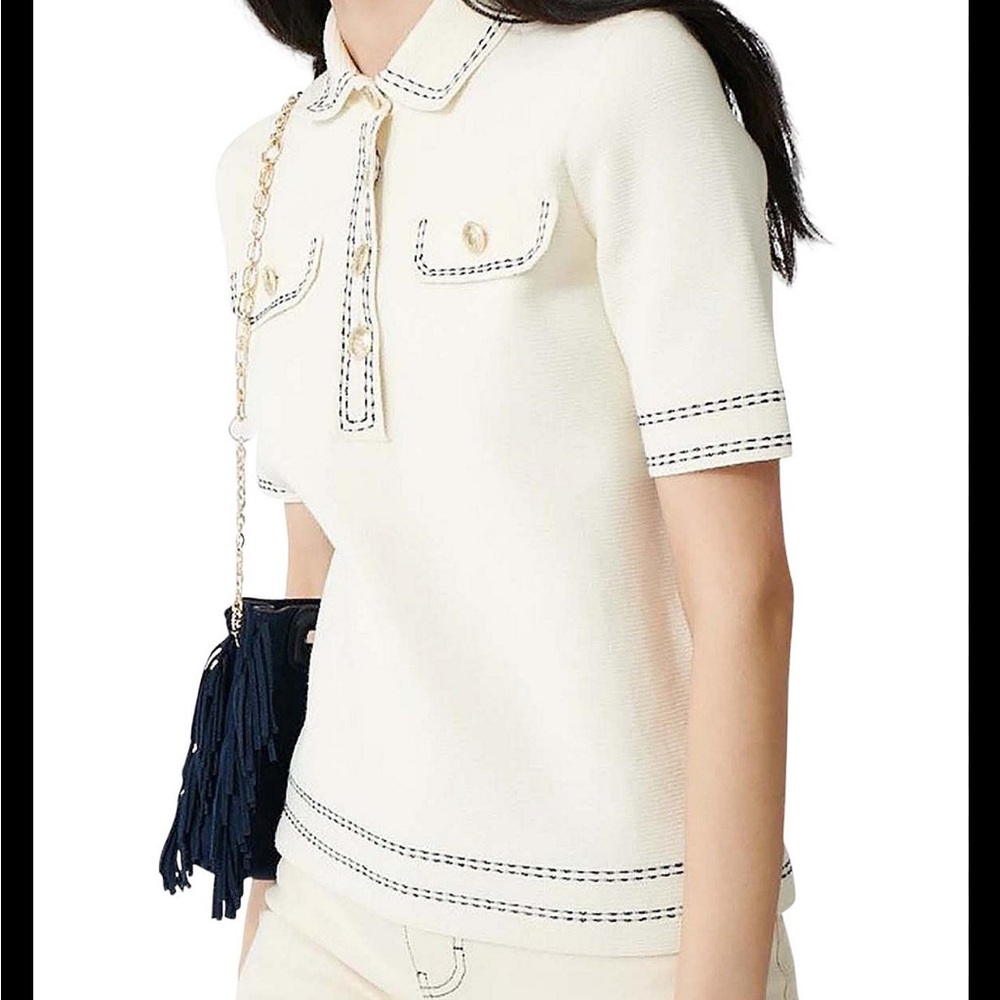 Maje Ivory Button Down Shirt with Black Accents